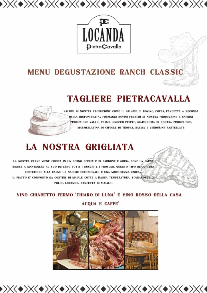 Menu featuring Italian dishes with meat platter and grilled selections from Locanda Pietro Cavalla.