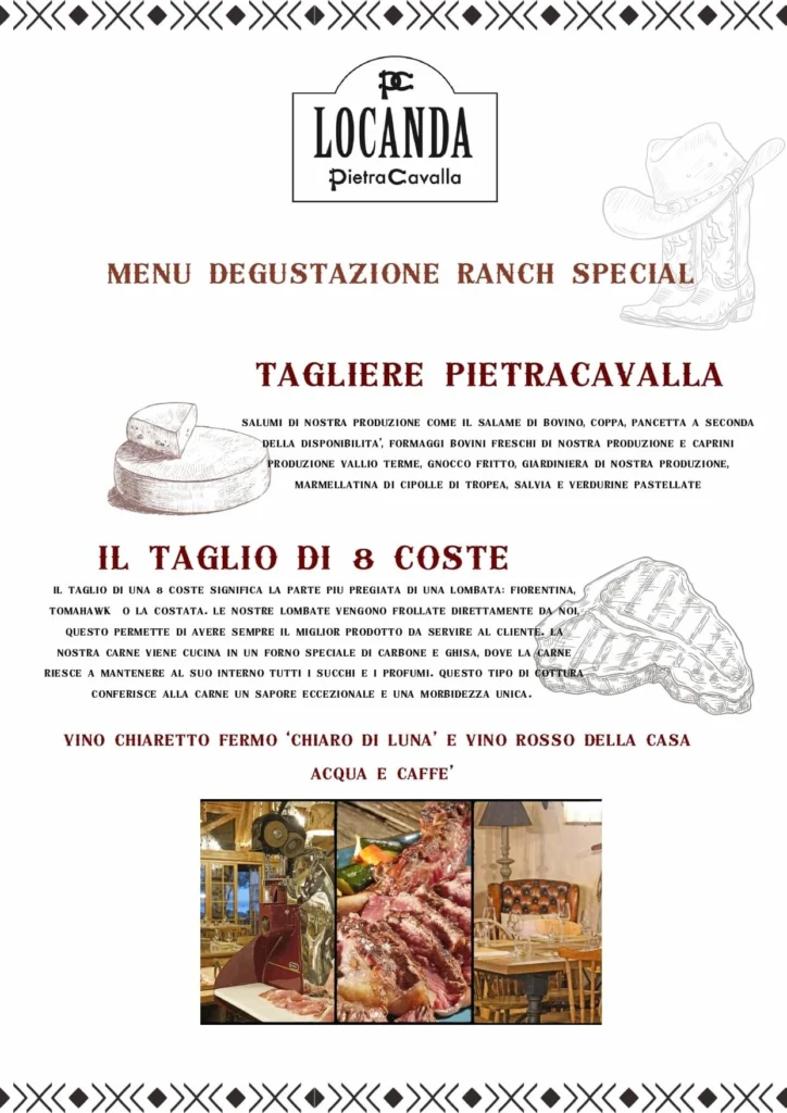 Menu page titled "Locanda Pietro Cavella" with descriptions of dishes and images of meat and a dining area.